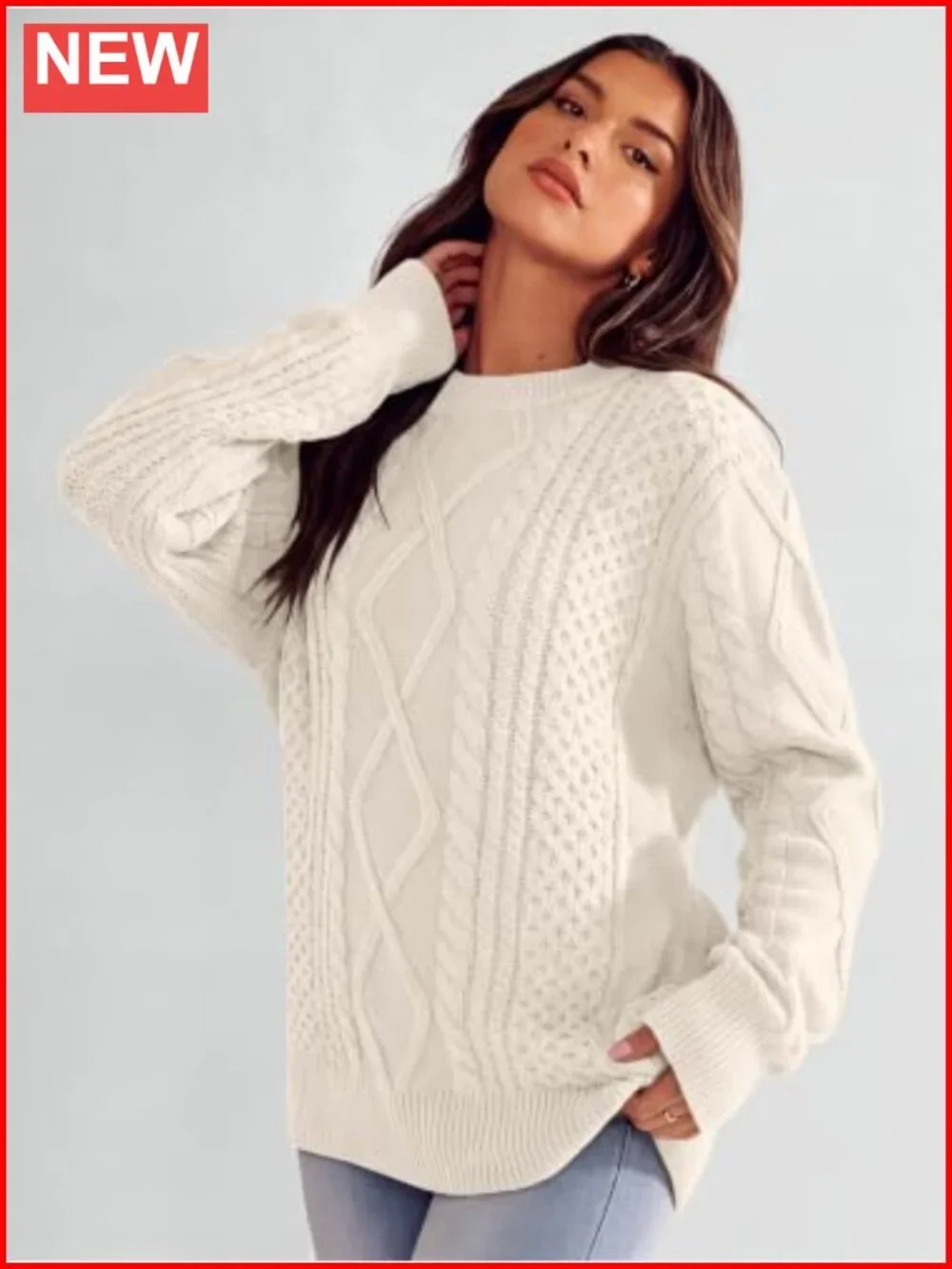Oversized Cable Knit Pullover Sweater Crewneck Long Sleeve Acrylic
